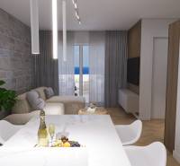 Living room in a 4-room apartment with a stone wall, sofa, and sea view.