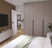 Bedroom with a television, wardrobe, and decorations in a 4-room apartment.
