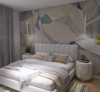 A bedroom in a 4-room apartment with abstract wallpaper, a bed, and decorations.