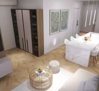 Interior of a 4-room apartment with an open kitchen and stylish furnishings.