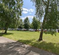Park pri bytovom dome v Žiline s lavičkou a stromami v pozadí.