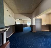 Interior of commercial spaces with blue carpet and ceiling lighting.