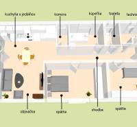 Floor plan of a family house: kitchen, living room, bedrooms, bathroom, toilet, hallway, terrace, utility room.