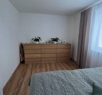 Bedroom of a family house with a drawer chest, plants, and a bed with a quilted throw.