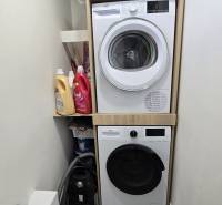 Washing machine and dryer stacked, cleaning supplies in a family house.