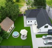 A top view of a family house on Stara Gala in Holice with a pool and terrace.