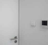 Door with a metal handle, switch, and control panel in a family house.