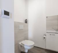 A toilet and sink in a family house with white walls and light tiles.