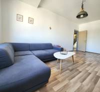 Living room with a blue sofa, table, and wooden floor in a 2-room apartment.