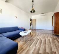 Living room with a blue sofa, wooden floor, and minimalist furniture in a 2-room apartment.