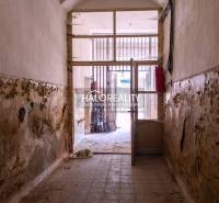 An abandoned corridor in commercial premises, with damaged plaster and open doors.