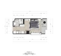 Floor plan of a studio with a kitchen, bedroom, bathroom, and balcony. Apartment construction.