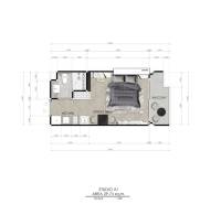 Floor plan of a studio apartment with a kitchen, bathroom, bedroom, and balcony. Apartment construction.