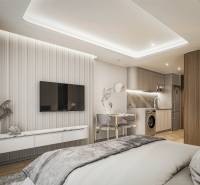 Interior with a kitchenette and television, part of apartment construction.