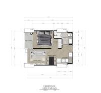 Floor plan of a 2-room apartment with a balcony, living room, bedroom, bathroom, and kitchen.
