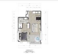 Floor plan of a 2-bedroom apartment with a balcony and jacuzzi.