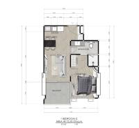 Floor plan of a 2-room apartment with one bedroom, kitchen, living room, and balcony.