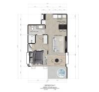 Floor plan of a 2-room apartment with a living area, kitchen, bedroom, bathroom, and balcony.