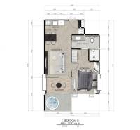 Floor plan of a 2-room apartment with a balcony, hot tub, bathroom, and kitchen area.