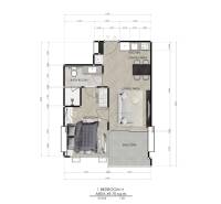 Floor plan of a 2-room apartment with a bedroom, living room, kitchen, and balcony.