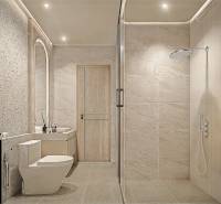 Bathroom in a 2-room apartment with sliding shower doors and an elegant sink.