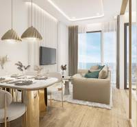 Interior of a 2-room apartment with an elegant dining table, sofa, and large windows.
