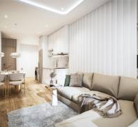 Living room with a kitchenette, sofa, and dining table in a three-room apartment.