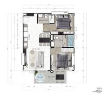 Floor plan of a 3-room apartment with a living room, two bedrooms, a kitchen, and a balcony.