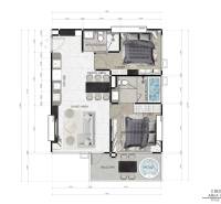 Floor plan of a 3-room apartment with a kitchen, living room, balcony, and two bathrooms.