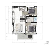Floor plan of a 3-room apartment with a living room, dining room, kitchen, and two bathrooms.