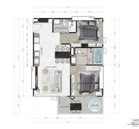 Floor plan of a 3-room apartment with a kitchen, living room, balcony, and two bathrooms.