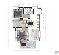 A plan of a 3-room apartment with two bedrooms, bathrooms, and a balcony with a jacuzzi.