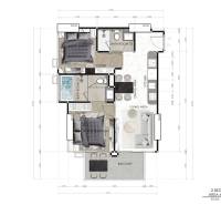 Floor plan of a 3-room apartment with two bedrooms, a kitchen, and a balcony.
