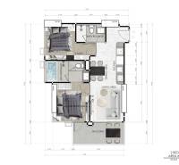 Floor plan of a 3-room apartment with a kitchen, living room, and two bathrooms.