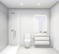 A bathroom in a 4-room apartment with white tiles, a shower, and a sink with a large mirror.