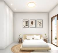 A bright bedroom in a 4-room apartment with a minimalist bed and access to the terrace.