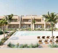 Apartment complex with a pool and palm trees in Rhodes, an ideal place for relaxation.