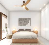 A bedroom with a bed, sliding doors, and minimalist decor in a 4-room apartment.
