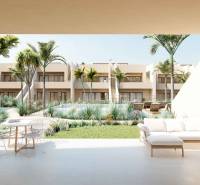 Terrace of a luxurious 4-room apartment in Roda with a view of the pool and greenery.