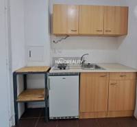 A kitchenette in a studio apartment with a wooden cabinet, a sink, and a small refrigerator.