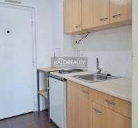A kitchenette in a studio apartment with wooden furniture and a white sink.