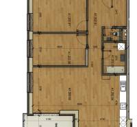 Floor plan of a 3-room apartment with an entrance hall, bathroom, balcony, and living room with kitchen.