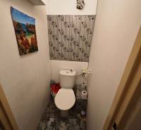 A bathroom with floral decoration and a calendar in a 2-room apartment.