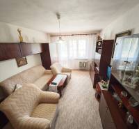 Living room in a two-room apartment with a sofa, armchair, and furniture.