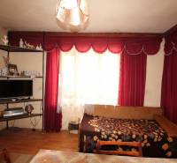 Living room in a family house, with red curtains, a bed, and a shelf with souvenirs.