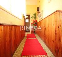 A hallway in a family house with wooden paneling and a red carpet.