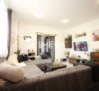 Interior of a 3-room apartment with a comfortable sofa, television, and decorations on the walls.