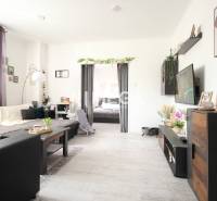 Living room in a three-room apartment with light furniture and decorations.