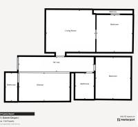 Floor plan of a 3-room apartment with a living room, two bedrooms, and a balcony.