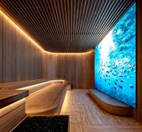 Interior of a sauna with wooden paneling and flooring with a wooden decor, Apartment construction.